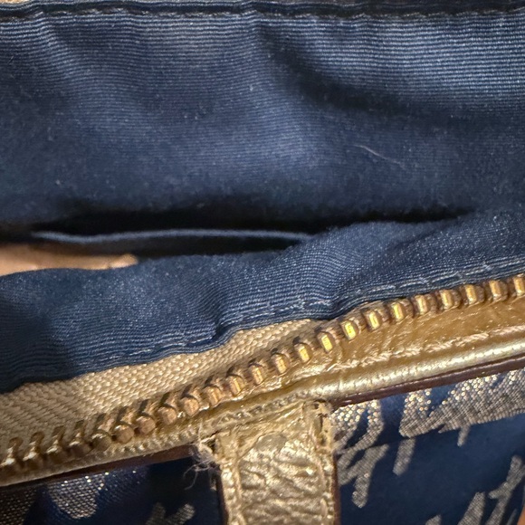Coach Y2K Blue Gold Script Canvas Tote Shoulder Bag Hearts Charm Zip Top - Picture 13 of 16